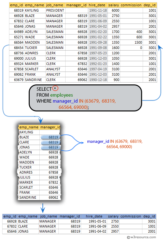 SQL exercises on employee Database: List the employees working under the managers 63679,68319,66564,69000