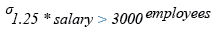 Relational Algebra Expression: List the employees whose salary is more than 3000 after giving 25% increment.