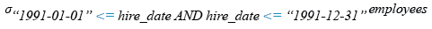 Relational Algebra Expression: List the employees who joined in the year 91.