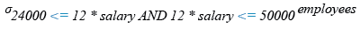 Relational Algebra Expression: List the employees whose annual salary is within the range 24000 and 50000.