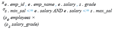 Relational Algebra Expression: List the employee id, name, salary, grade of all the employees whose salary within min_salary and max_salary.