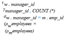 Relational Algebra Expression: List the manager no and the number of employees working for those managers in ascending order on manager id.