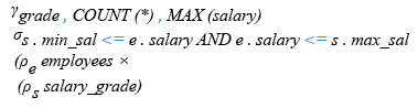 Relational Algebra Expression: Display the Grade, Number of employees, and maximum salary of each grade.