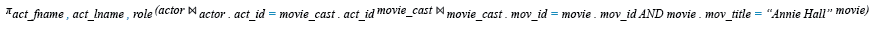 Relational Algebra Expression: Find the first and last names of all the actors who were cast in the movie 'Annie Hall', and the roles they played in that production.
