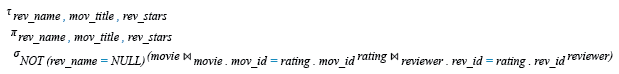 Relational Algebra Expression: Find the reviewer name, movie title, and stars in an order that reviewer name will come first, then by movie title, and lastly by number of stars .