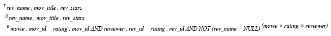 Relational Algebra Expression: Find the reviewer name, movie title, and stars in an order that reviewer name will come first, then by movie title, and lastly by number of stars .