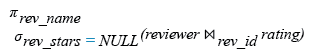 Relational Algebra Expression: Find the name of all reviewers who have rated their ratings with a NULL value.