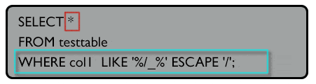 Syntax of using where clause like, underscore and escape operator