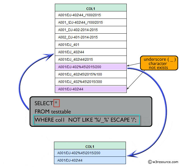 Exercise: SQL using where clause with not like, underscore operators