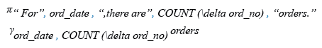 Relational Algebra Expression: Number of orders booked for each day and display it in a specific format.