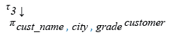 Relational Algebra Expression: Display customer name, city and grade by highest grade.