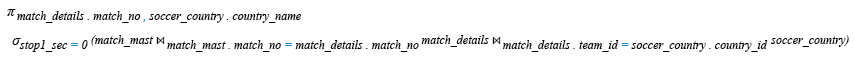 Relational Algebra Expression: Find the match where no stoppage time added in 1st half of play.