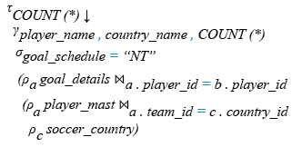 Relational Algebra Expression: Find the total number of goals scored by each player within normal play schedule and arrange the result set in descending order of goal.
