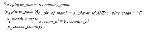 Relational Algebra Expression: Find the player who was selected for the Man of the Match Award in the finals of EURO cup 2016.