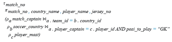 Relational Algebra Expression: Find the captain who was also the goalkeeper.