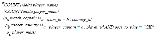 Relational Algebra Expression: Find the number of captains who was also the goalkeeper.