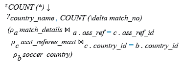 Relational Algebra Expression: Find the assistant referees of each countries assists the number of matches.