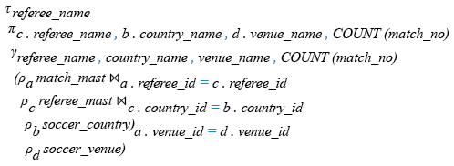 Relational Algebra Expression: Find the referees managed the number of matches in each venue.