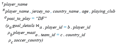 Relational Algebra Expression: Find the defender who scored goal for his team.