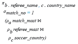 Relational Algebra Expression: Find the name and country of the referee who managed the opening match.