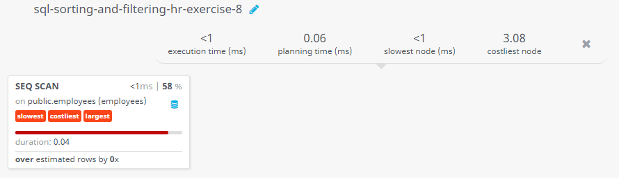 Query visualization of Display the full name, and salary for all employees who does not earn any commission - Duration 