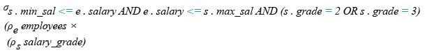 Relational Algebra Expression: List all the employees of grade 2 and 3.