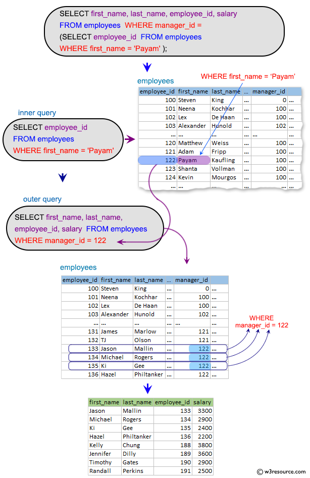 SQL Subqueries: Display the employee name, employee id and salary of all employees who report to Payam