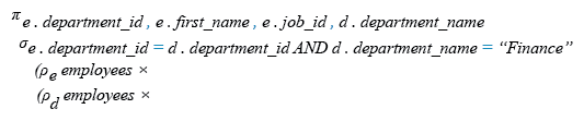 Relational Algebra Expression: Display the department number, name, job and department name for all employees in the Finance department.