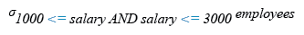 Relational Algebra Expression: Display all the information of the employees whose salary is within the range 1000 and 3000.