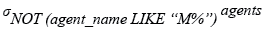 Relational Algebra Expression: SQL wildcards percentage (%) with boolean NOT.