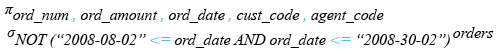 Relational Algebra Expression: SQLite Between  operator with  NOT on date value.