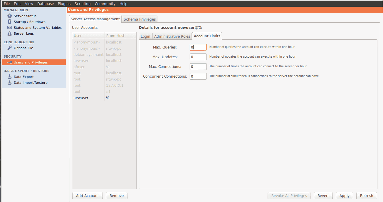 MySQL Workbench user privileges step 3