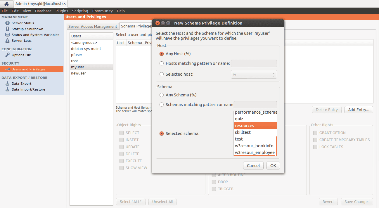 MySQL Workbench user privileges step 4