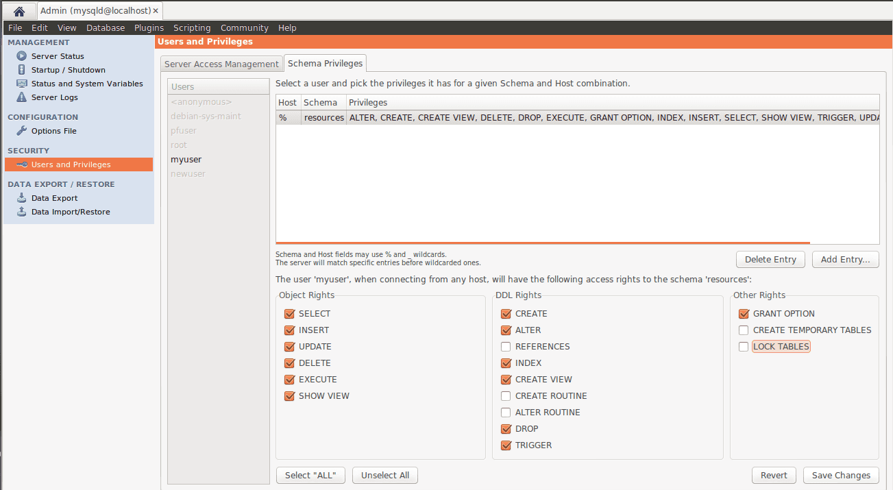 MySQL Workbench user privileges step 5